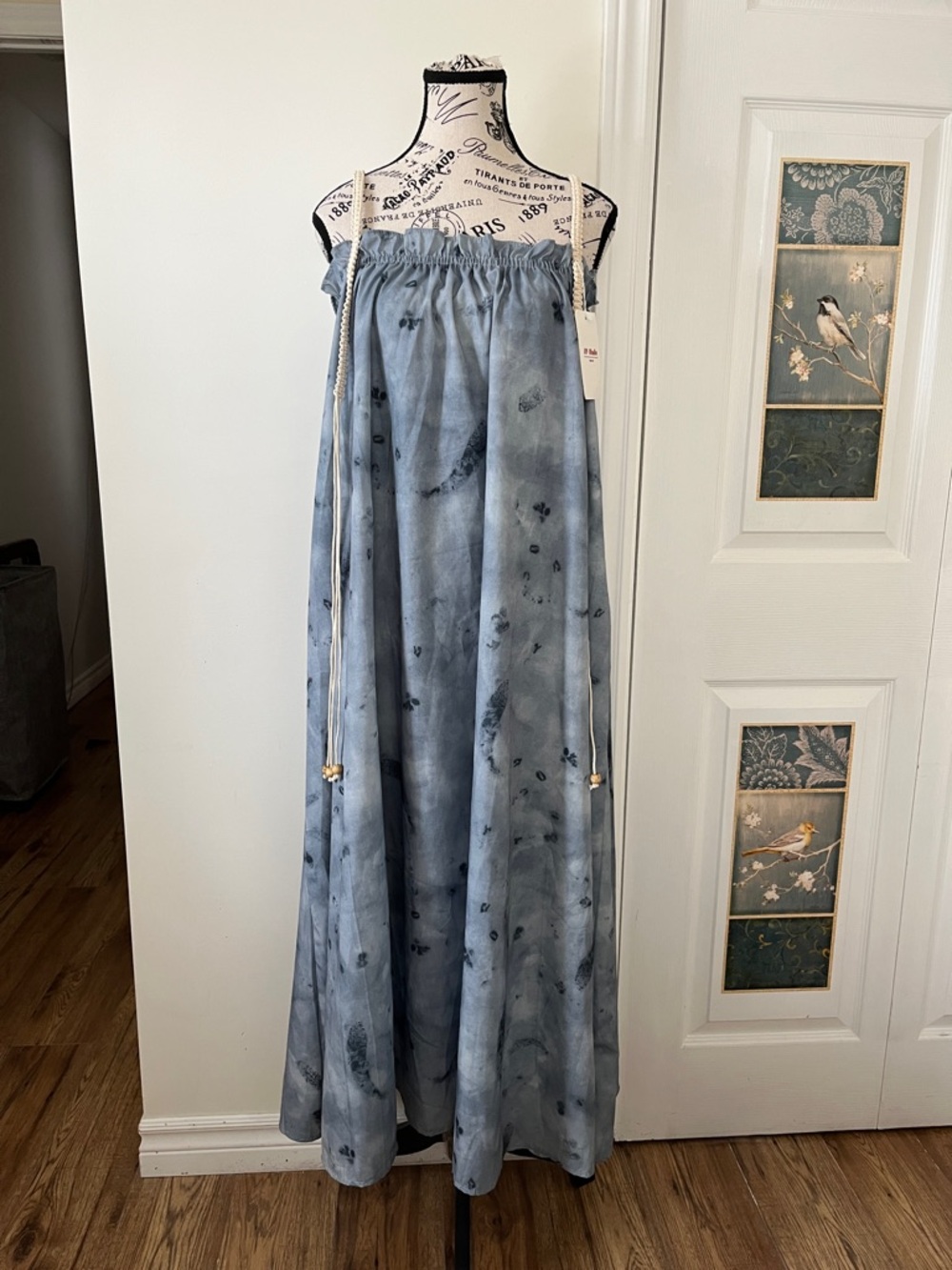 Boho Light Blue Tie-Dye Maxi Dress with Adjustable Neck